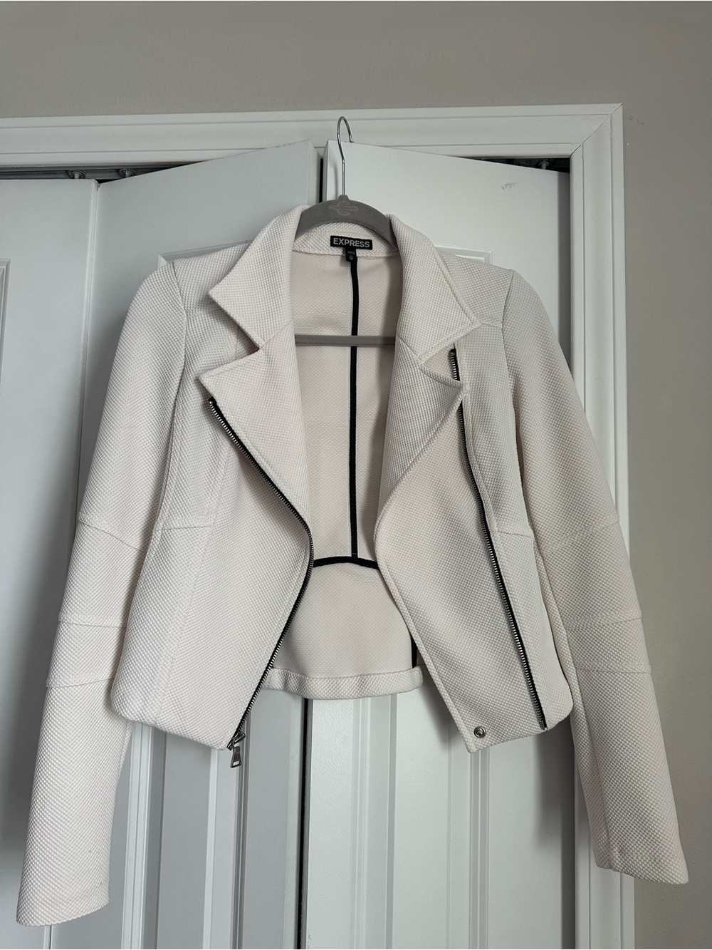 Express Women's Cream Textured Asymmetrical Moto Blazer